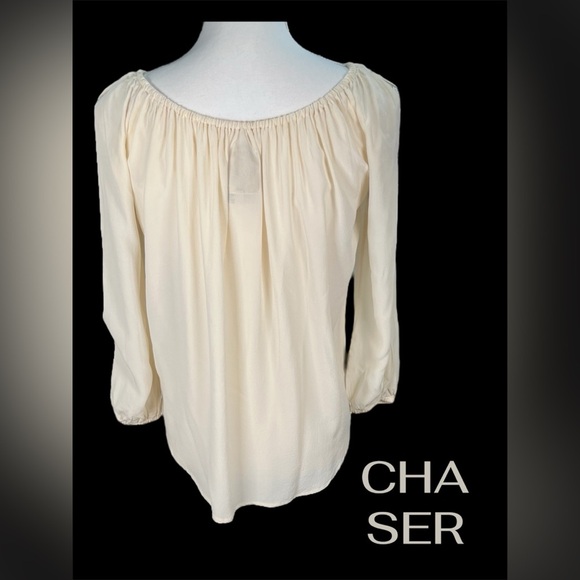 Chaser | 100% Silk Cream On/Off Shoulder Cut Out Sleeve Blouse - Picture 3 of 9